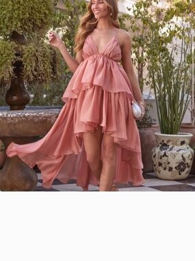 Vici Dusty Rose High-Low Ruffle V-Neck Dress